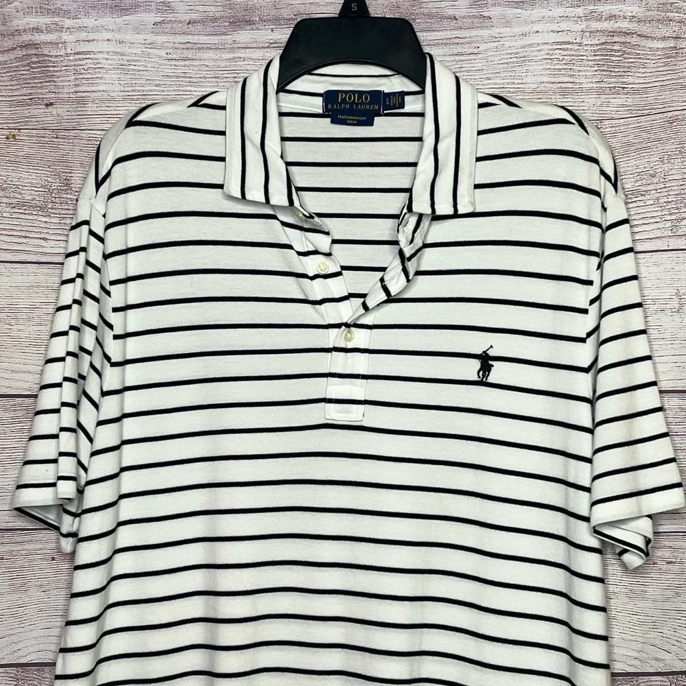 Polo Ralph Lauren Men’s Feather Weight Mesh Navy & White Stripe Polo Shirt Large